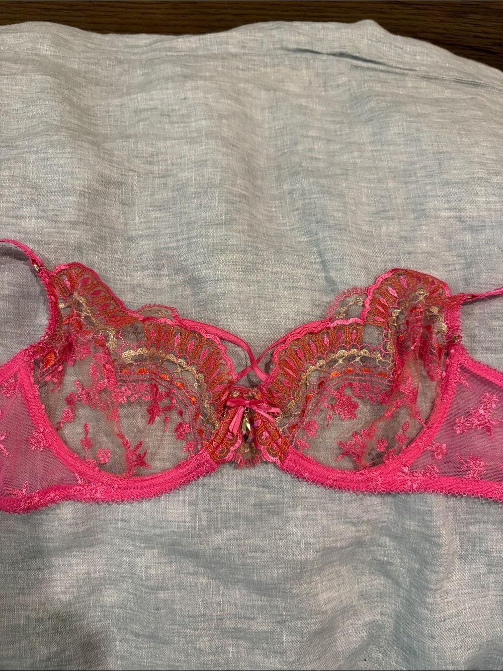 Honey Birdette Meika Candy Pink Sheer Lace Underwire Bra with Gold Accents